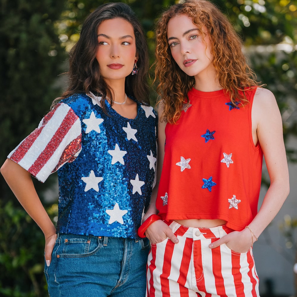Two models in July Fourth glam looks outdoors