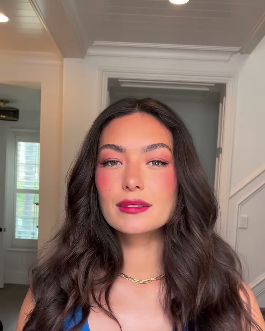 Soft glam with bold berry lips and rosy blush